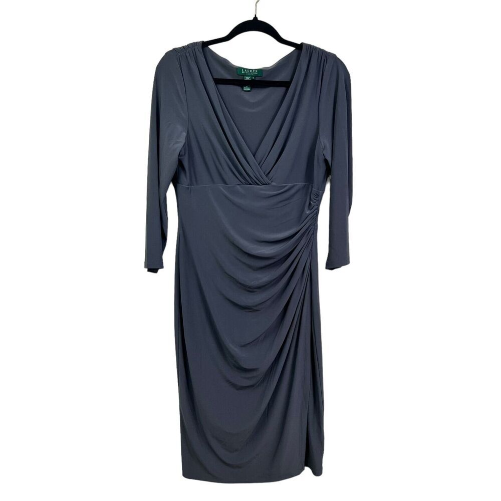 Lauren Ralph Lauren Womens Sheath Dress Plunge V Neck Ruched Stretch Gray Sz 10* - Picture 1 of 5